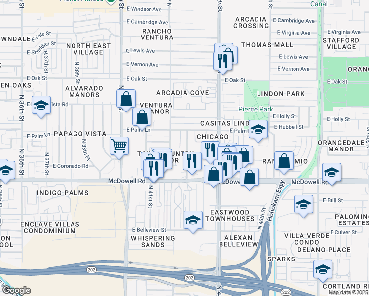 map of restaurants, bars, coffee shops, grocery stores, and more near 1816 North 43rd Street in Phoenix