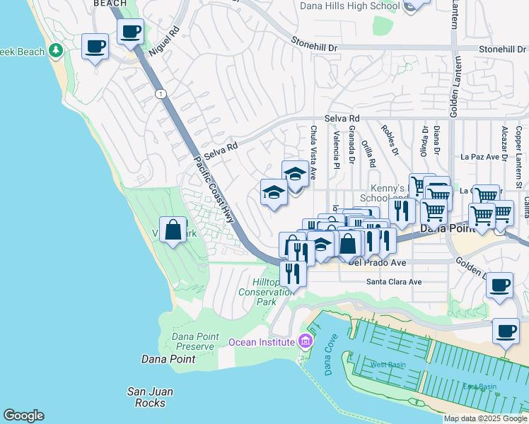 map of restaurants, bars, coffee shops, grocery stores, and more near 25 Saint Francis Court in Dana Point