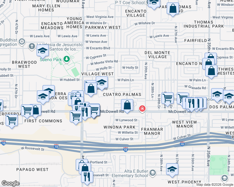 map of restaurants, bars, coffee shops, grocery stores, and more near 4042 West Coronado Road in Phoenix