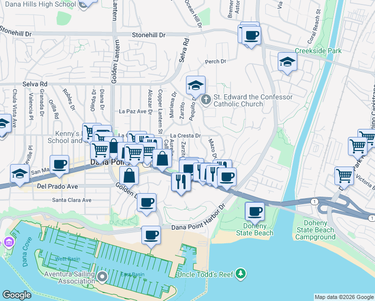 map of restaurants, bars, coffee shops, grocery stores, and more near 34071 El Contento in Dana Point