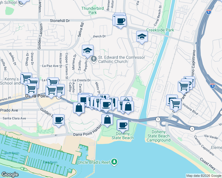 map of restaurants, bars, coffee shops, grocery stores, and more near 34072 Capistrano by the Sea in Dana Point