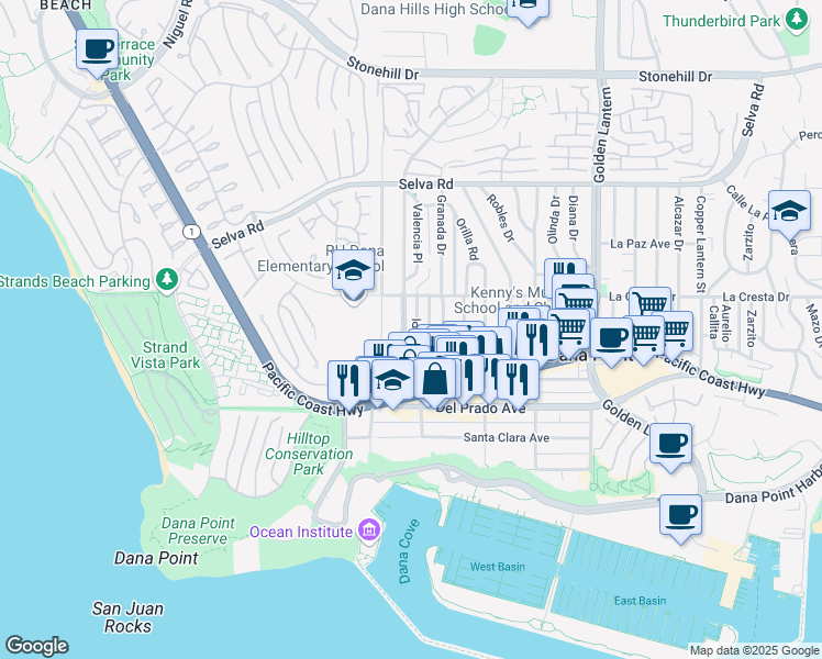 map of restaurants, bars, coffee shops, grocery stores, and more near 34072 Street of the Blue Lantern in Dana Point