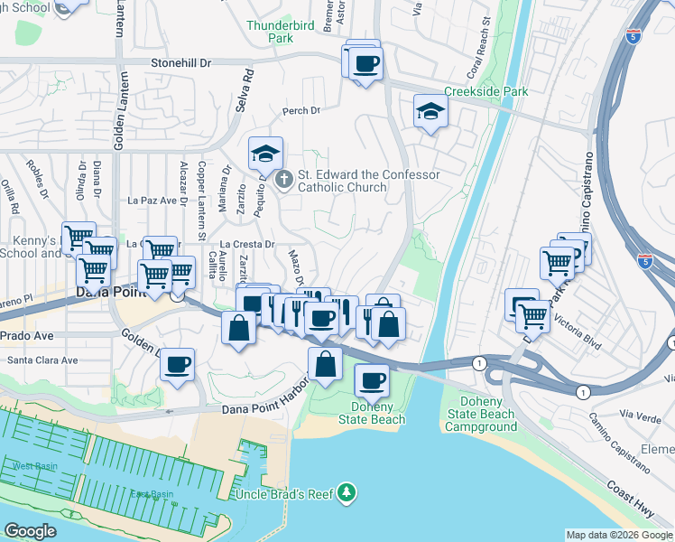 map of restaurants, bars, coffee shops, grocery stores, and more near 34072 Capistrano by the Sea in Dana Point