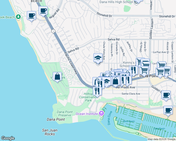 map of restaurants, bars, coffee shops, grocery stores, and more near 25 Saint Francis Court in Dana Point