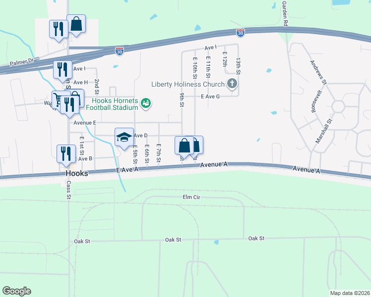 map of restaurants, bars, coffee shops, grocery stores, and more near 203 East 9th Street in Hooks