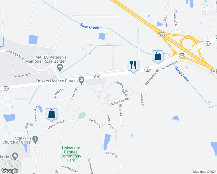 map of restaurants, bars, coffee shops, grocery stores, and more near 1033 Mississippi 182 in Starkville