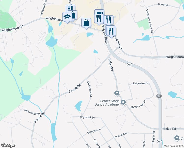 map of restaurants, bars, coffee shops, grocery stores, and more near 1552 Powell Road in Augusta