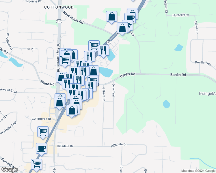 map of restaurants, bars, coffee shops, grocery stores, and more near 189 Banks Road in Fayetteville