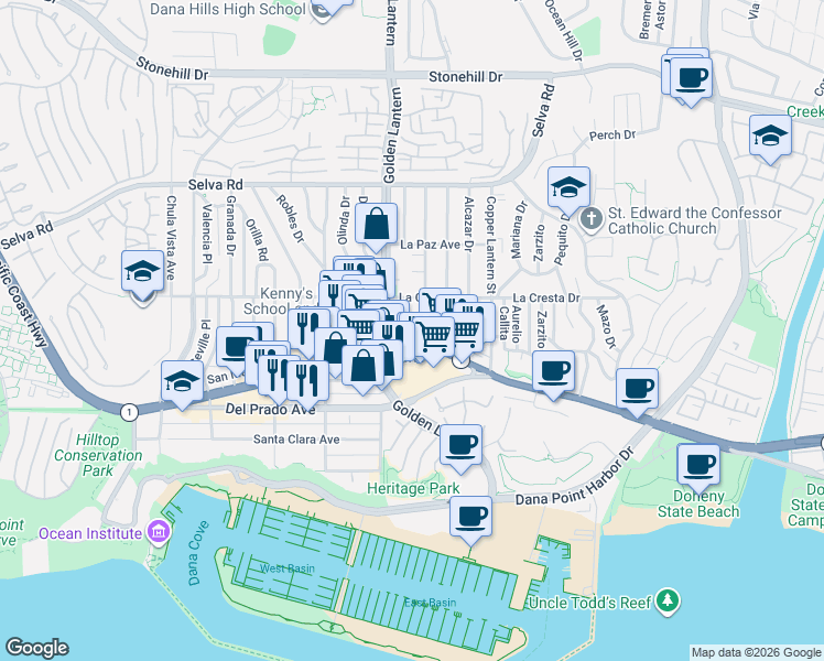 map of restaurants, bars, coffee shops, grocery stores, and more near 34074 Colegio Drive in Dana Point