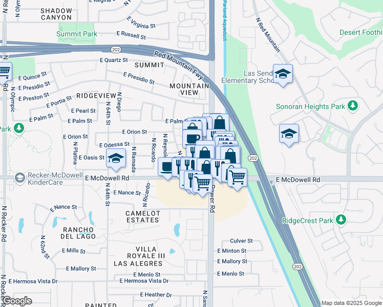 map of restaurants, bars, coffee shops, grocery stores, and more near 2864 North Power Road in Mesa