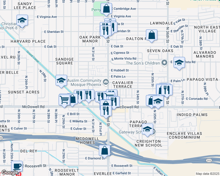 map of restaurants, bars, coffee shops, grocery stores, and more near 1727 North 32nd Street in Phoenix