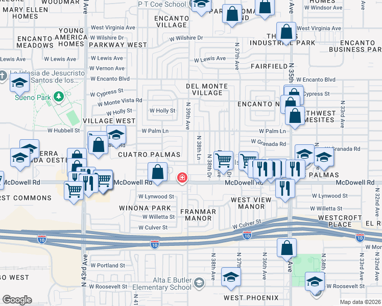 map of restaurants, bars, coffee shops, grocery stores, and more near 1807 North 39th Avenue in Phoenix