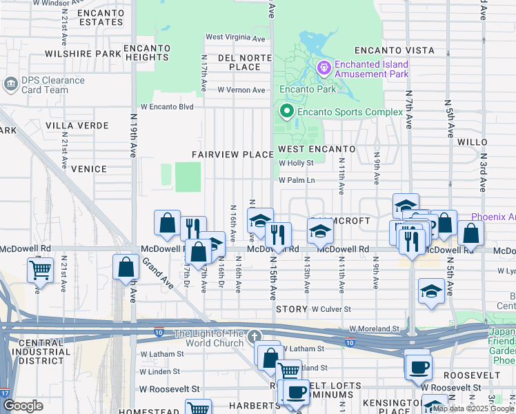 map of restaurants, bars, coffee shops, grocery stores, and more near 1810 North 15th Avenue in Phoenix