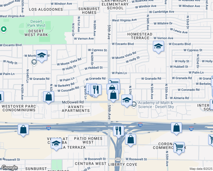map of restaurants, bars, coffee shops, grocery stores, and more near 5901 West Berkeley Road in Phoenix