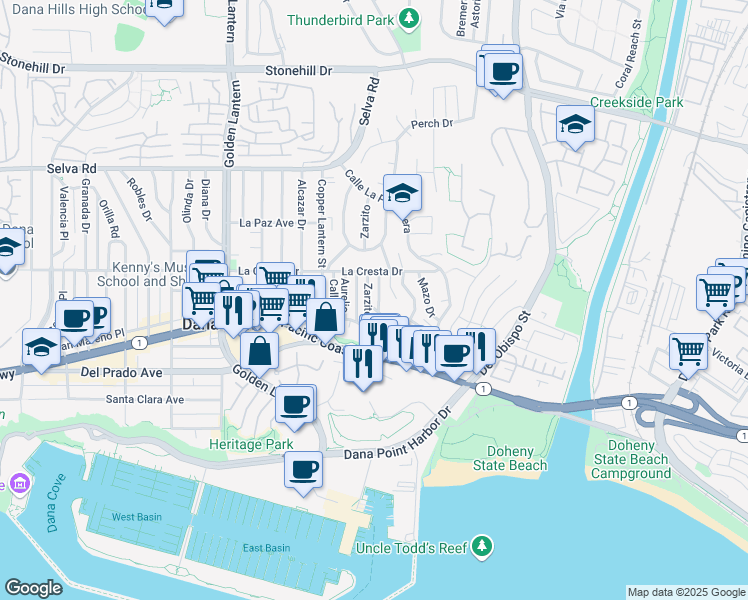 map of restaurants, bars, coffee shops, grocery stores, and more near 34071 El Contento in Dana Point