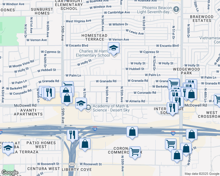 map of restaurants, bars, coffee shops, grocery stores, and more near 5529 West Berkeley Road in Phoenix