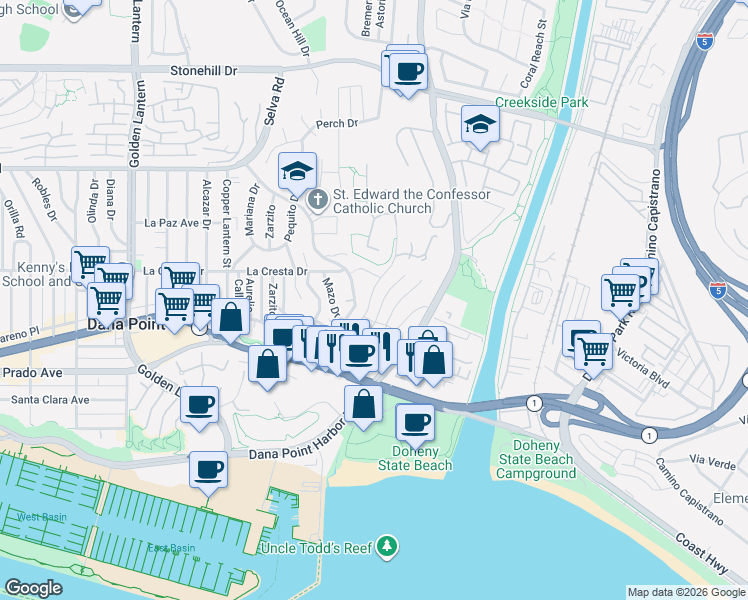 map of restaurants, bars, coffee shops, grocery stores, and more near 34072 Capistrano by the Sea in Dana Point