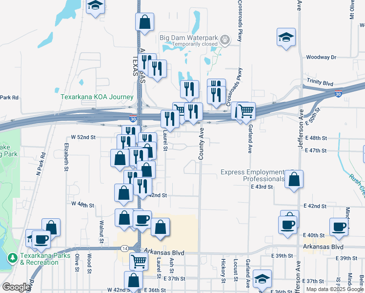 map of restaurants, bars, coffee shops, grocery stores, and more near 4303 County Avenue in Texarkana
