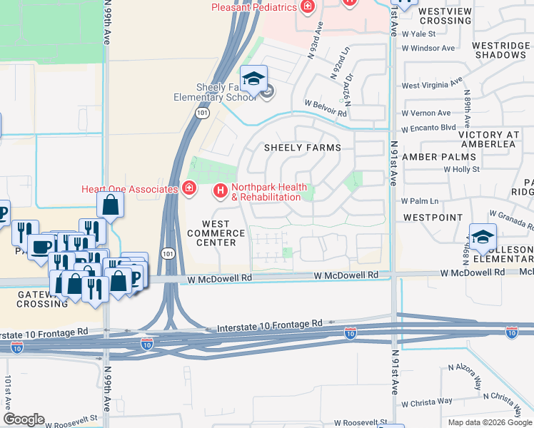 map of restaurants, bars, coffee shops, grocery stores, and more near 9438 West Berkeley Road in Phoenix