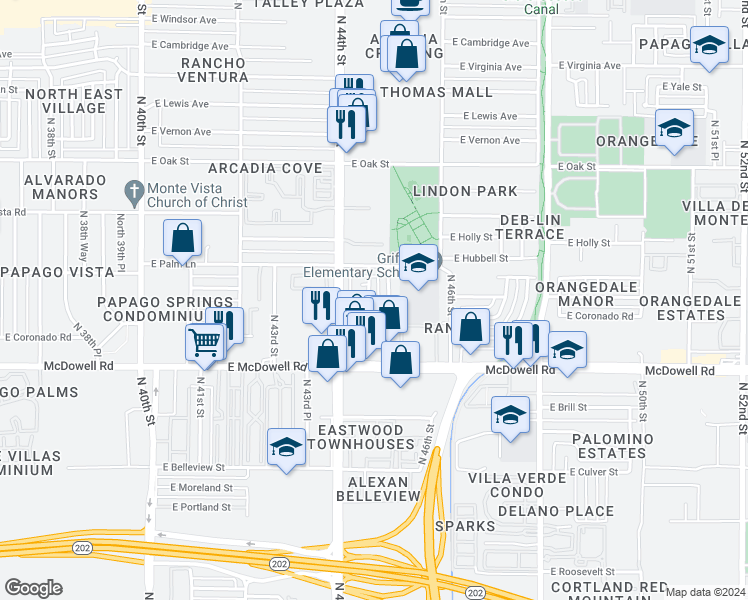 map of restaurants, bars, coffee shops, grocery stores, and more near 1901 North 44th Place in Phoenix
