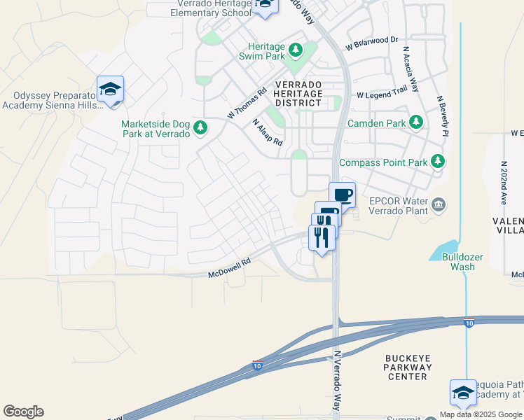 map of restaurants, bars, coffee shops, grocery stores, and more near 1759 North Marketside Avenue in Buckeye
