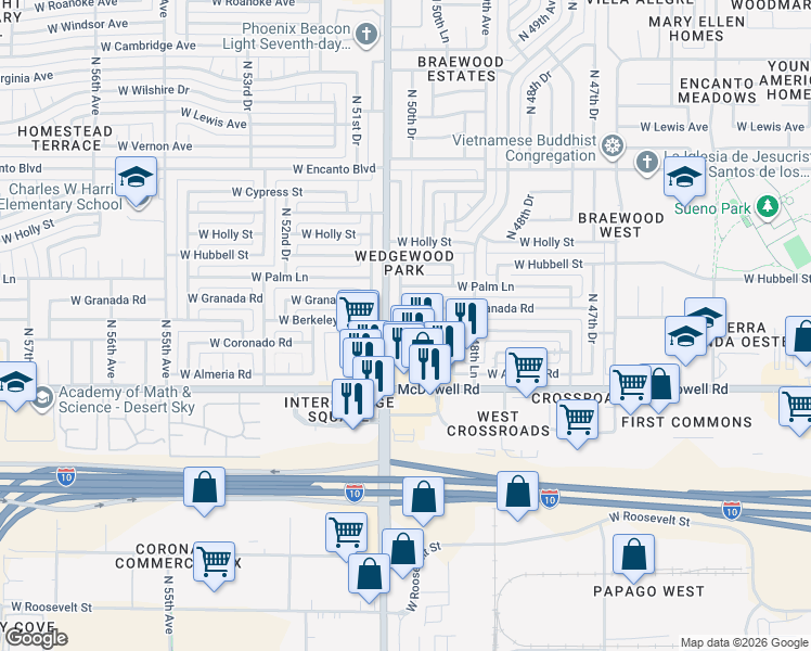 map of restaurants, bars, coffee shops, grocery stores, and more near 4944 West Berkeley Road in Phoenix