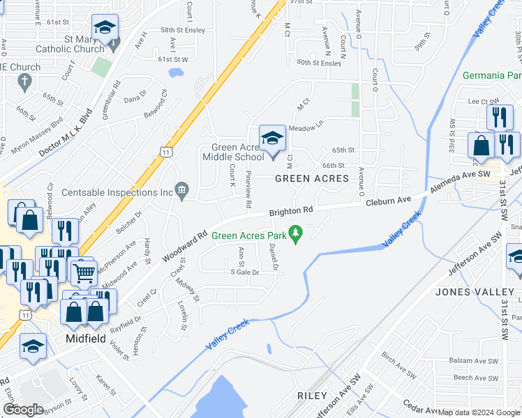 map of restaurants, bars, coffee shops, grocery stores, and more near 1212 Brighton Road in Birmingham
