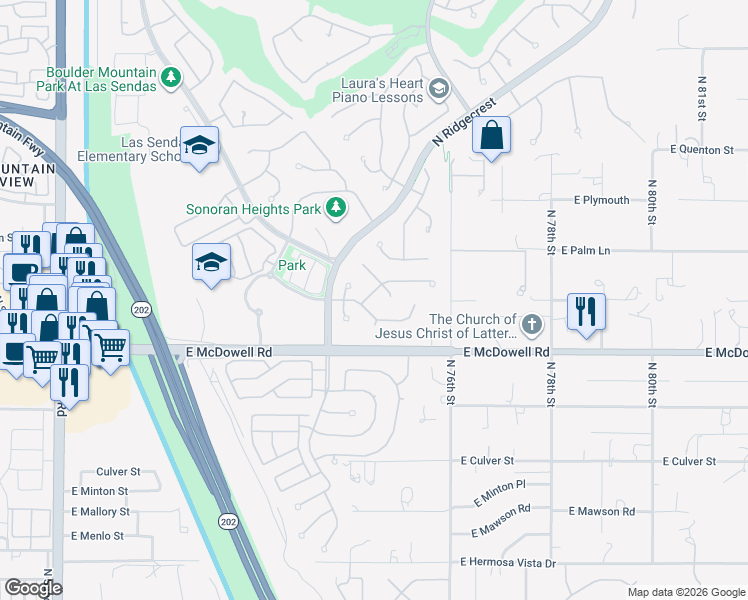 map of restaurants, bars, coffee shops, grocery stores, and more near 7417 East Odessa Street in Mesa