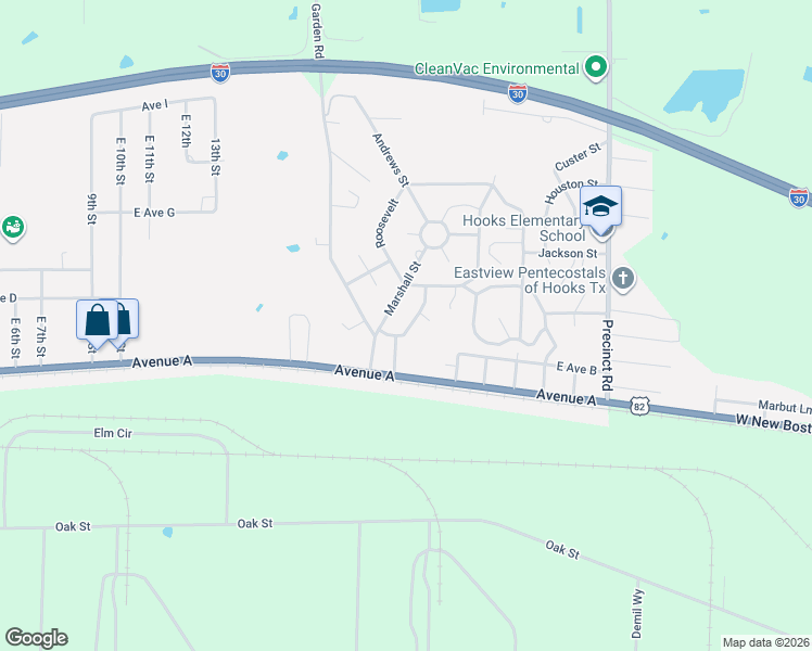 map of restaurants, bars, coffee shops, grocery stores, and more near 105 Arnold Lane in Hooks