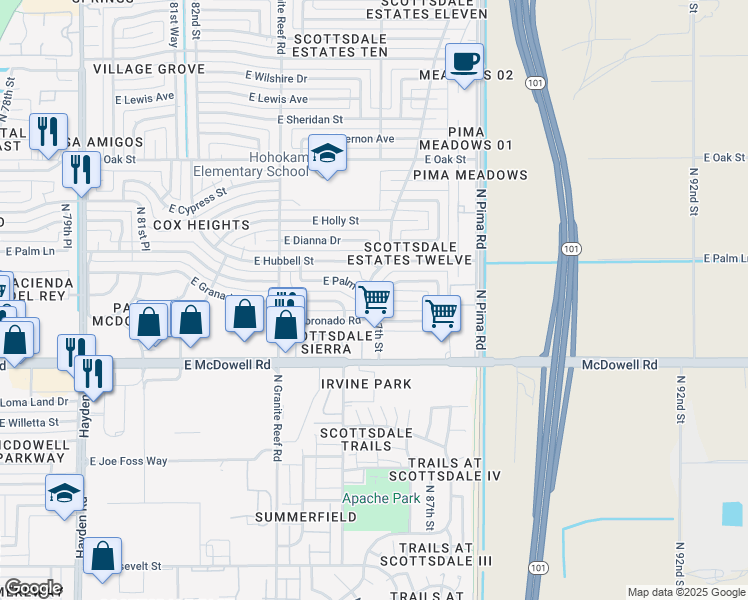 map of restaurants, bars, coffee shops, grocery stores, and more near 1652 North 87th Street in Scottsdale