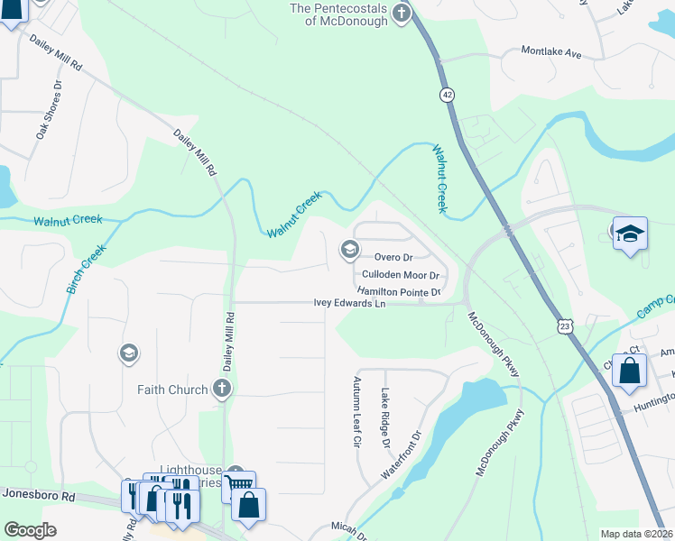 map of restaurants, bars, coffee shops, grocery stores, and more near 179 Hamilton Pointe Drive in McDonough