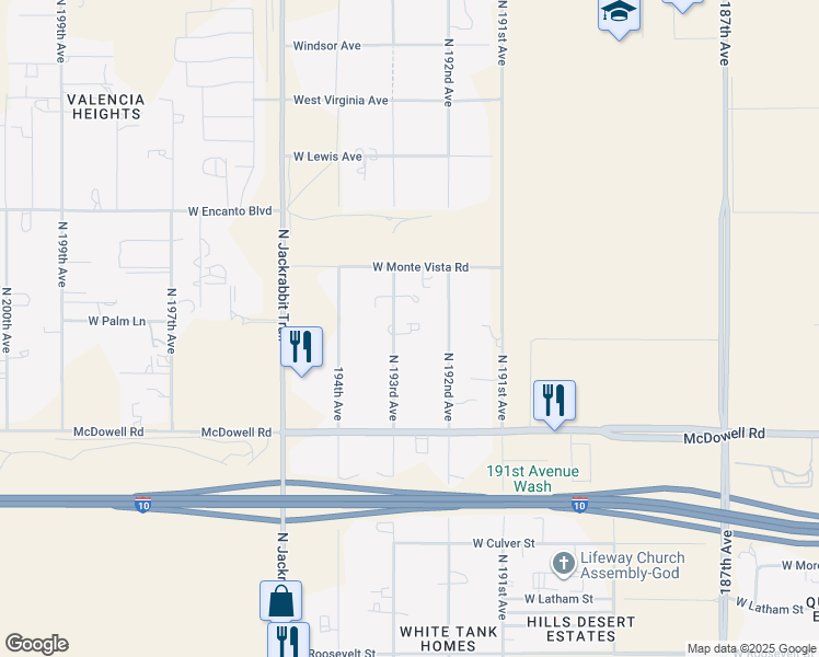 map of restaurants, bars, coffee shops, grocery stores, and more near 1905 North 193rd Avenue in Buckeye