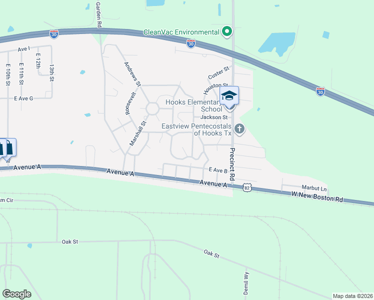 map of restaurants, bars, coffee shops, grocery stores, and more near 121 Grant Street in Hooks