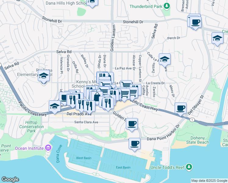 map of restaurants, bars, coffee shops, grocery stores, and more near 34071 Colegio Drive in Dana Point