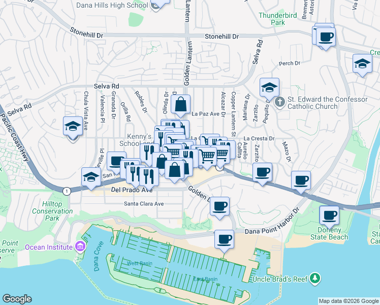 map of restaurants, bars, coffee shops, grocery stores, and more near 34071 Colegio Drive in Dana Point