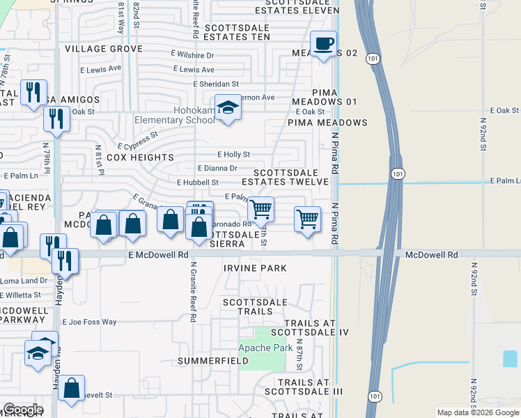 map of restaurants, bars, coffee shops, grocery stores, and more near 1652 North 87th Street in Scottsdale