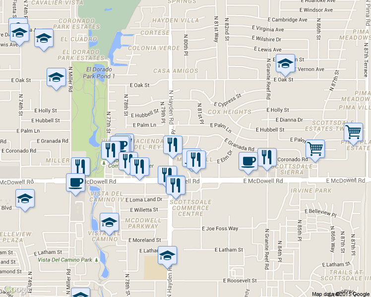 map of restaurants, bars, coffee shops, grocery stores, and more near 8027 East Coronado Road in Scottsdale