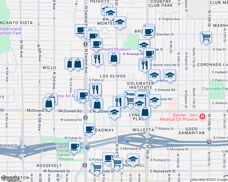 map of restaurants, bars, coffee shops, grocery stores, and more near in Phoenix