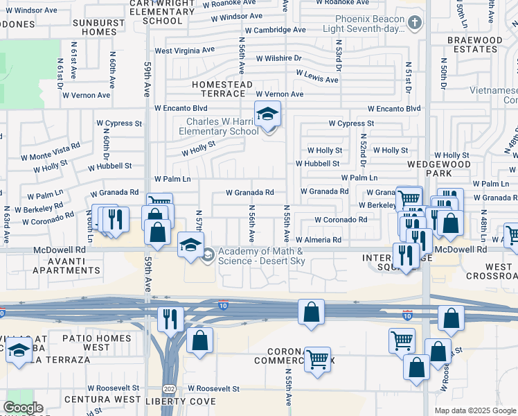 map of restaurants, bars, coffee shops, grocery stores, and more near 5529 West Berkeley Road in Phoenix
