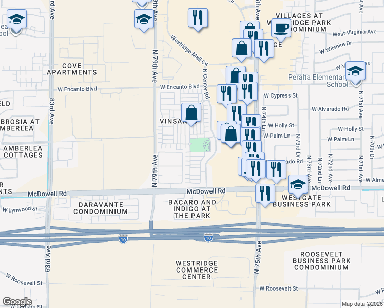 map of restaurants, bars, coffee shops, grocery stores, and more near 7727 West Berkeley Road in Phoenix