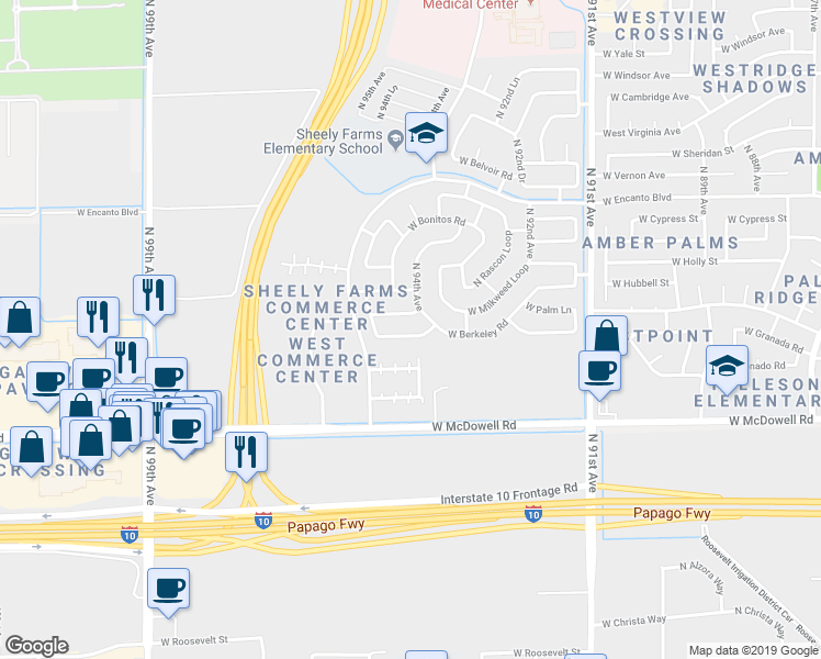 map of restaurants, bars, coffee shops, grocery stores, and more near 9442 West Berkeley Road in Phoenix