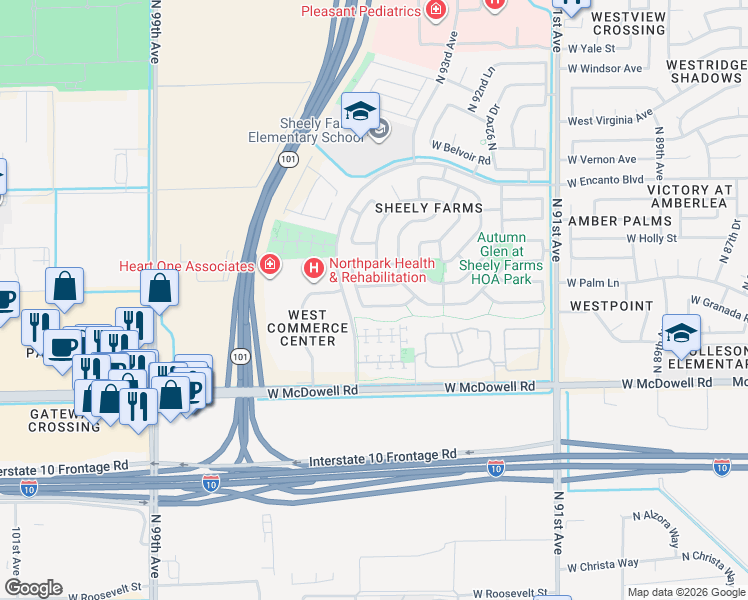 map of restaurants, bars, coffee shops, grocery stores, and more near 9442 West Berkeley Road in Phoenix