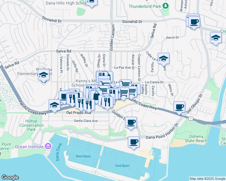 map of restaurants, bars, coffee shops, grocery stores, and more near 34081 Colegio Drive in Dana Point