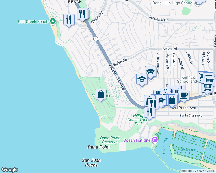map of restaurants, bars, coffee shops, grocery stores, and more near 34028 Selva Road in Dana Point