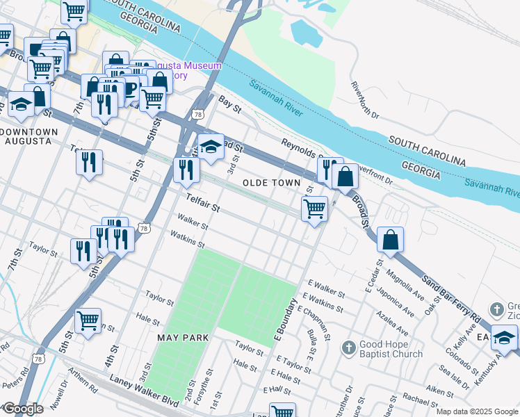map of restaurants, bars, coffee shops, grocery stores, and more near 138 Greene Street in Augusta