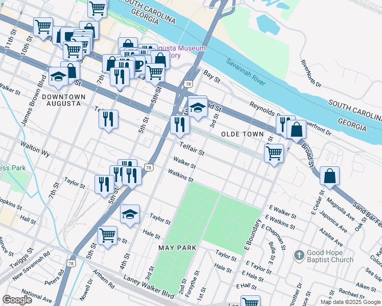map of restaurants, bars, coffee shops, grocery stores, and more near 323 Walker Street in Augusta