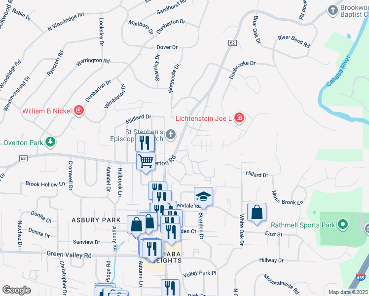 map of restaurants, bars, coffee shops, grocery stores, and more near 3227 Overton Trail in Vestavia Hills