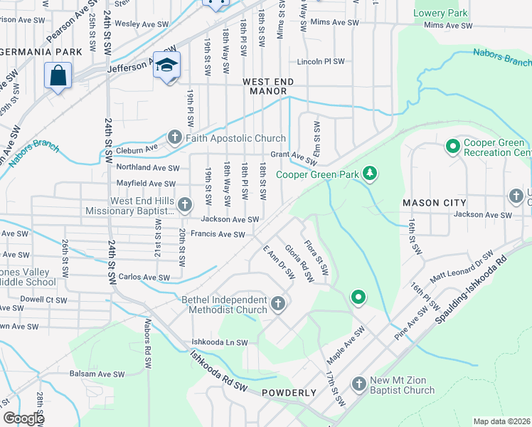 map of restaurants, bars, coffee shops, grocery stores, and more near 1668 18th Street Southwest in Birmingham