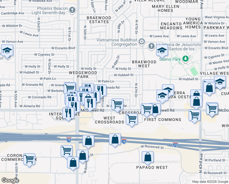 map of restaurants, bars, coffee shops, grocery stores, and more near 4842 West Berkeley Road in Phoenix