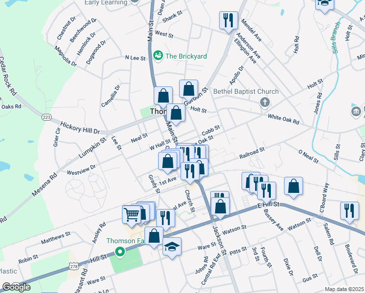 map of restaurants, bars, coffee shops, grocery stores, and more near 222 Main Street in Thomson